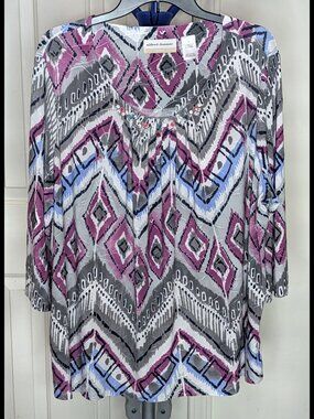 ALFRED DUNNER 2X Purple, Silver & Gray Stretch Diamond Print Textured Blouse